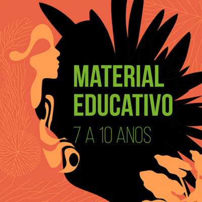 Capa de material educativo 7 a 10 anos com ilustração em tons de laranja, preto e verde e texto Fruturos Tempos Amazônicos.